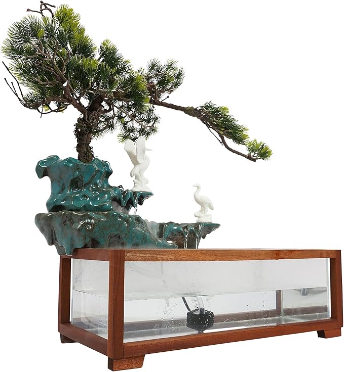 Antique-Style Tabletop Water Fountain with Fish Tank & Atomizer - Desktop Decor with Crane Statues, Simulated Pine, LED Light & Feng Shui Symbolism for Indoor Home/Office Decoration