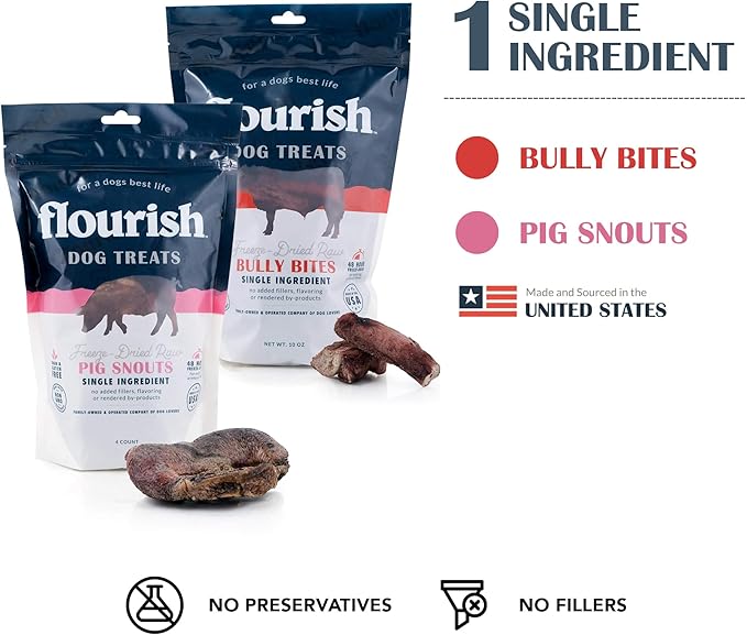 Flourish Pets Freeze Dried Raw Pet Treats for Dogs (Bully Bites & Pig Snouts, 2-Pack)