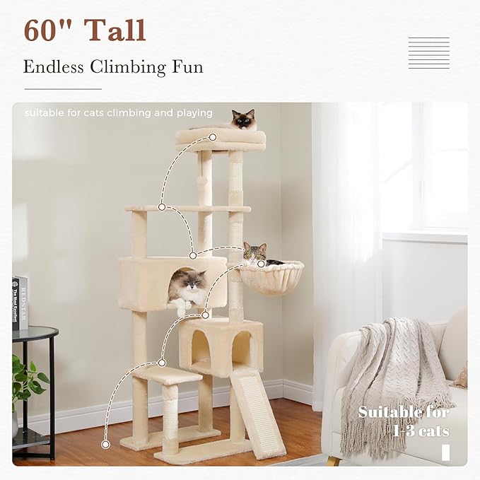 PAWZ Road Cat Tree, 60 Inches Cat Tower with Dual Condos, Spacious Perch, Cozy Basket and Sisal-Covered Scratching Posts for Indoor Cats- Beige