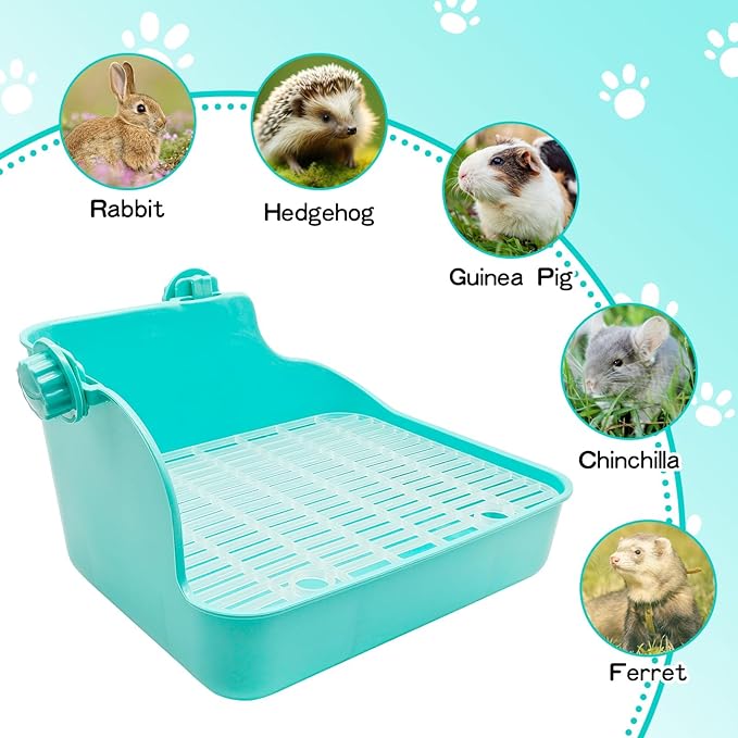 PINVNBY Rabbit Litter Box for Cage Bunny Corner Litter Bedding Box Small Animal Litter Pan Hanging Pet Bowls Cage Potty Trainer Pet Toilet for Rabbit Bunny Guinea Pigs Small Animals（Green）