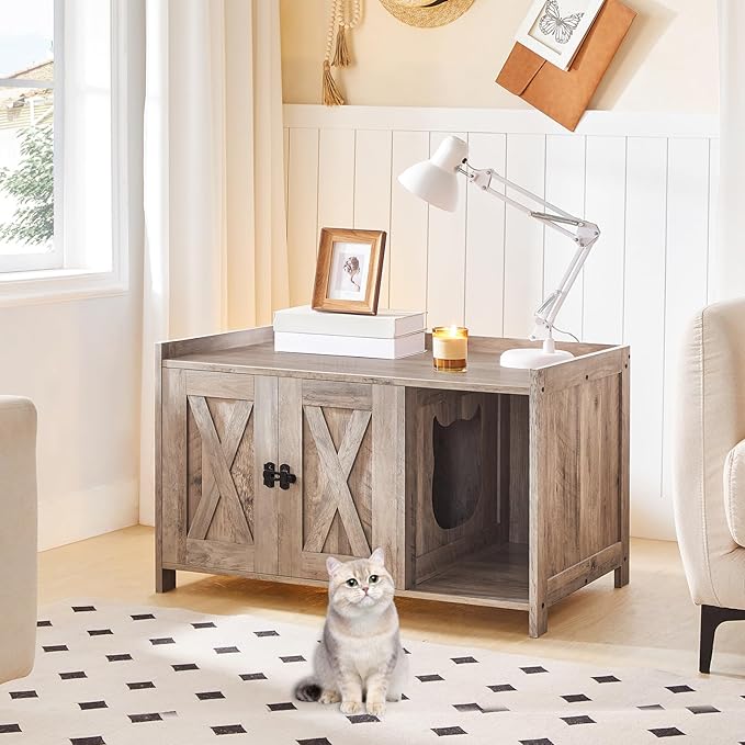 Cat Litter Box Enclosure, Hidden Litter Box Furniture with Divider, Indoor Cat House, Wooden Washroom Storage Cabinet Bench, as End Table, for Living Room, Bedroom, Greige CWHG2501Z