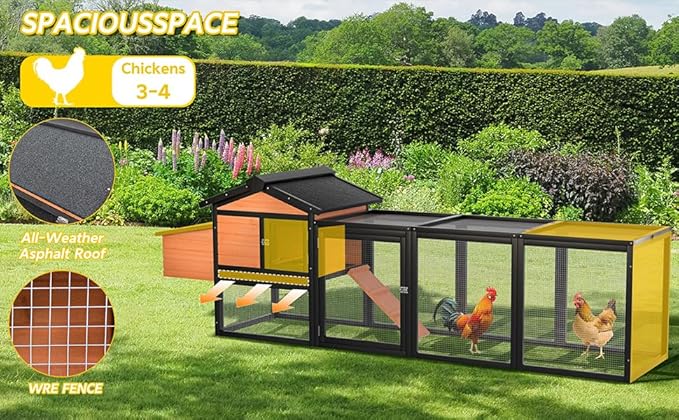 106”Solid Wood Chicken Coop for 3-4 Chickens,Outdoor Hen House Poultry Pet Hutch with Run Cage and Nesting Box,Waterproof Asphalt Roof Ramp,Removable Tray Wire Fence for Backyard