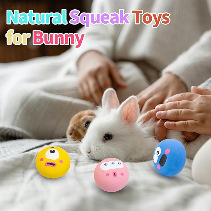 FlidRunest 3PCS Natural Rubber Squeaker Toys for Rabbit, High Elasticity Bunny Latex Squeak Balls, Teething Toys Big Eyes Printed Toy Ball for Bunny, Rabbit Easy to Clean