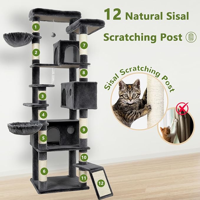 84.6" Multi-Level Tall Cat Tree Tower for Indoor Kitties Larger Cat Condo Furniture with Hammock Cozy Perches Sisal Scratching Posts XXL Pet House (84.6 inch Dark Gray)