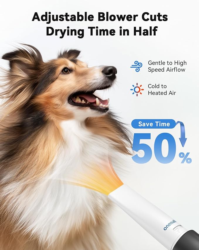 oneisall Dog Vacuum & Dryer for Shedding Grooming, 8 in 1 Dog Grooming Kit with Metal Blades Pet Clippers, Adjustable Speed and Temperature Control Blower
