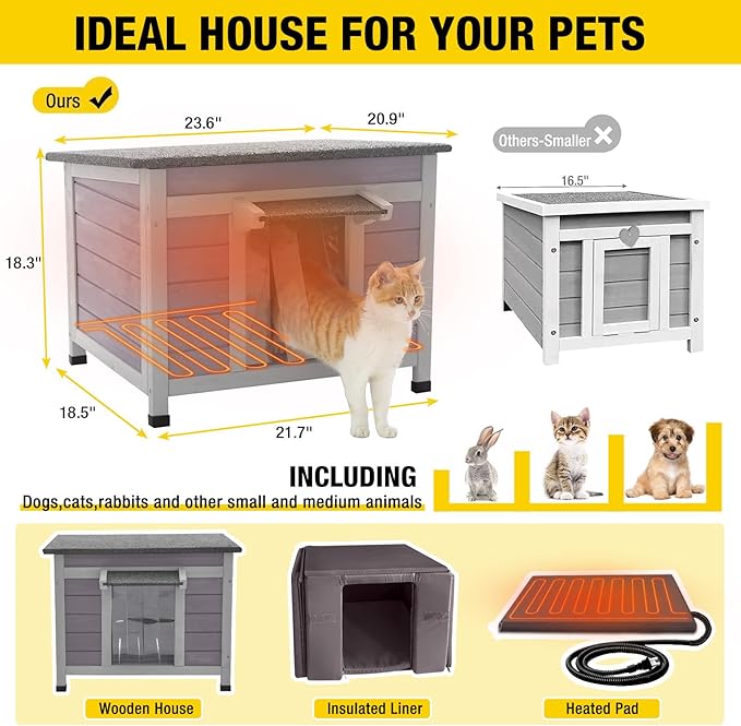 AIVITUVIN Heated Cat House for Outdoor Cats with Insulated Liner for Winter, Temperature Control Cat Cage, Indoor Kitty Shelter with Heating Pad