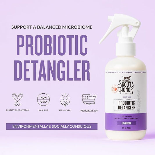 Skout's Honor Probiotic Pet Detangler Spray - Hydrating & Conditioning with Avocado Oil, 97% Natural, Paraben & Sulfate-Free, softens for a More brushable Coat, Daily Use, 8oz, Lavender