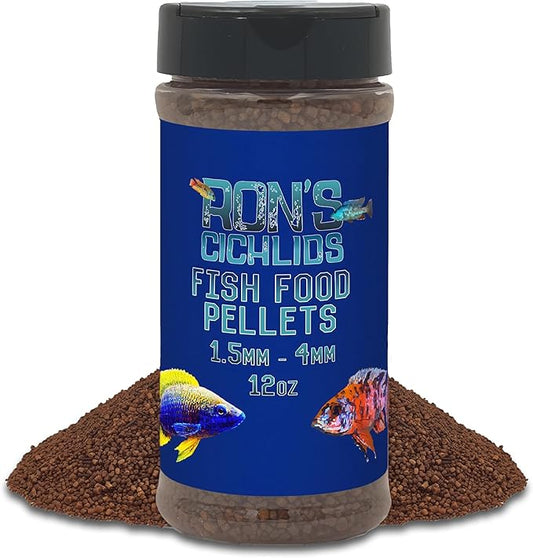 RON'S CICHLIDS Fish Food Pellets - USA Made Slow Sinking Pellets & Sticks Feed, Low Fillers, Koi, Pond, Goldfish, Tetras, Pleco, Oscar, Angelfish & Tropical Aquarium Fish, 1.5-4mm, Adult Blend 12 OZ