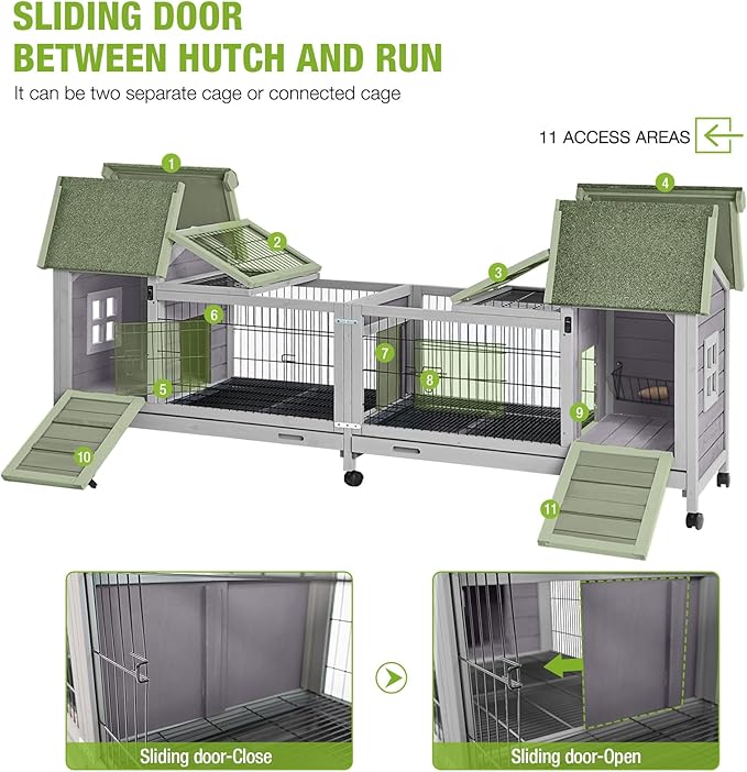 GUTINNEEN Rabbit Hutch Outdoor Bunny Cage Indoor with Large Space Guinea Pig House on Wheels 10.4 ft², No Leak Trays, Run