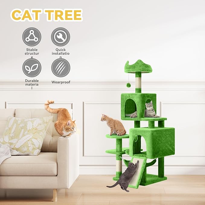 DWVO 54 in Multi-Level Cat Tower: Cats Tree for Indoor Kittens, Pet Furniture with Kitty Condos, Sisal Scratching Posts, Plush Perches, Cozy Hammock, Green