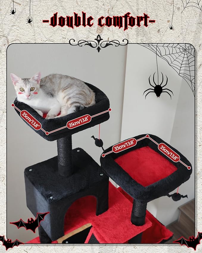 Gothic Cat Tree for Large Cats, 70.9" Tall Black Cat Tower with Coffin Bed, Cat Condo, Sisal Scratching Posts & Top Perch, Spider Hanging Ball, Multi-Level Spooky Cat Tree, Halloween, Black