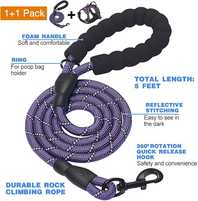 No Pull Dog Harness Adjustable Reflective Oxford Easy Control Medium Large Dog Harness with A Free Heavy Duty 5ft Dog Leash (XL (Neck: 21.5"-33", Chest: 30"-39.5"), Purple Harness+Leash)