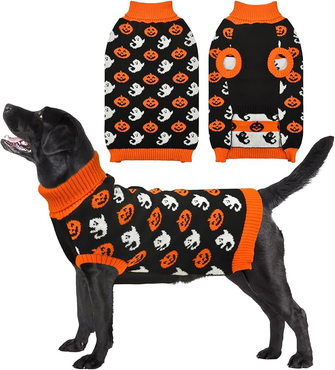Vehomy Dog Halloween Sweater Pet Pumpkin Ghost Costume Cat Pumpkin Turtleneck Knitwear Shirt Pullover Dog Puppy Halloween Sweaters Clothes Outfits for Cats Small Medium Large Dogs 2XL