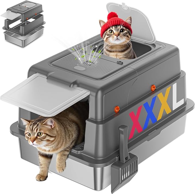 Stainless Steel Litter Box with Lid, 28" XXXL Large Cat Litter Box Enclosed for Multiple Cats, Odor Control with Carbon Filters, Anti-Leak High Sided, Includes Removable Lid & Scoop, Dark Gray