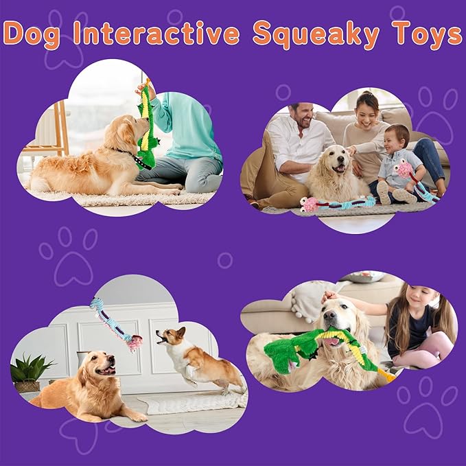 Crinkle Dog Toys Squeaky Plush No Stuffing Cute Puppy Stuffless Tough Rop Pull Toy, Fun Dog Stuffed Animals Durable Chew Set for Small Medium Large Pup (Large, Alligators+Snake)