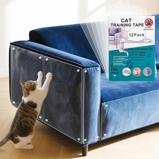 Cat Scratch Furniture Protector, 12-Pack Couch Protector from Cat Claws, Cat Couch Protector Single-Sided Furniture Protectors from Cats Scratching for Sofa Corners Walls Doors(with 50 Twist Pins)