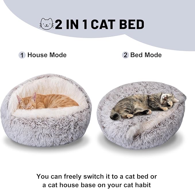 GOSALISU Cat & Small Dog Bed- Cozy Hooded Round Calming Cave Bed, Warm Plush, Anti-Slip, Machine Washable, 20in