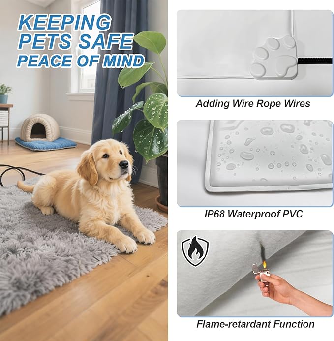 Extra Large Dog Heating Pad, 47×30 in Waterproof Heated Dog House, Upgraded Smart Thermostat Heated Dogs Bed with Wire Rope, Detachable Plush Mask, Whelping Box-Grey