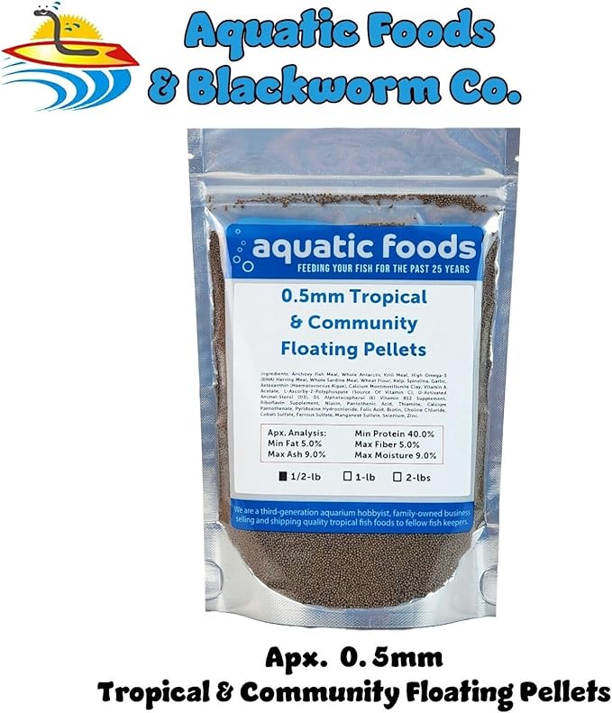 Aquatic Foods Inc. 0.5mm - 1/64" Tropical & Community Fish Floating Micro Pellets for Tetras, Guppies, Angel Fish, Small Cichlids, All Tropical Fish. - WL…1/2-lb Foil Bag