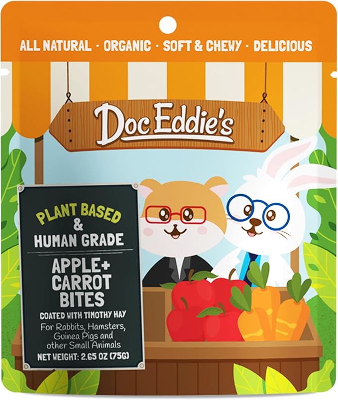 Doc Eddie’s Apples+Carrots Small Animal Soft & Chewy Treats or Snack for Hamster, Rabbit, Chinchilla, Bunny, Gerbil, Mouse, Rat, Hedgehog, or Squirrel - 2.65oz - Made w/Real Fruit, Organic Ingredients