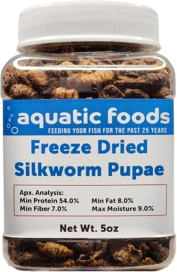 Aquatic Foods Inc. Silkworm Pupae, Freeze Dried for Koi, Pond Fish, Turtles, Large Fish. Silkworm is Rich in Natural Lipids & Proteins and a Natural Color Enhancing Treat..5oz Small Jar