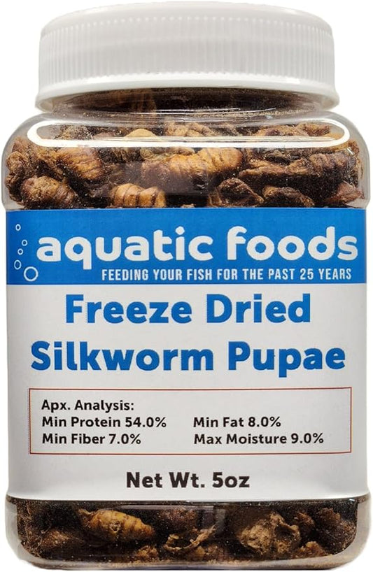 Aquatic Foods Inc. Silkworm Pupae, Freeze Dried for Koi, Pond Fish, Turtles, Large Fish. Silkworm is Rich in Natural Lipids & Proteins and a Natural Color Enhancing Treat..5oz Small Jar