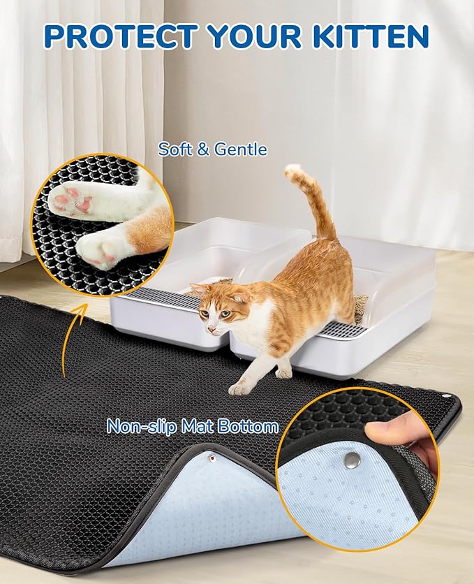BurgeonNest 45"x32" Extra Large Cat Litter Mat, Honeycomb Double Layer Kitty Litter Trapping Mat, Urine Proof & Waterproof, Easy Clean, Machine Washable, Non-Slip, Scatter Control, Black