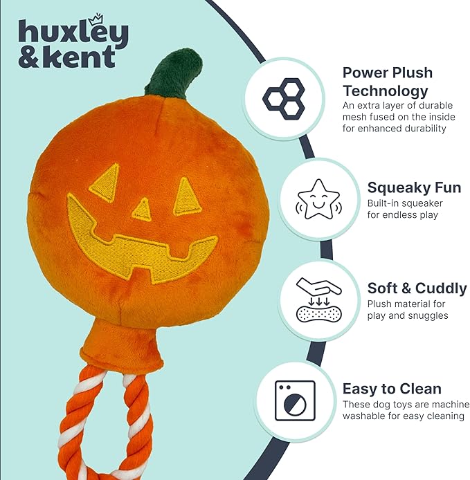 Huxley & Kent Halloween Funny Dog Toy w/Squeaker – Power Plush Squeaky Dog Toys for Small, Medium & Large Dogs – Soft Stuffed Animal for Indoor Play & Fetch - Jack-o-Lantern Safety Pop, One Size