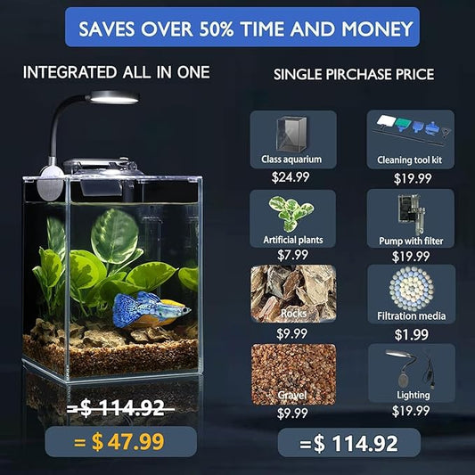 Desktop Betta Small Aquarium Glass Fish Tank 1.25 Gallons Complete Set, Self Cleaning Filter System Bright LED Light Gravel Plant Cleaning Tool, Starter Kit Small Space Easy Setup Space-Saving Design