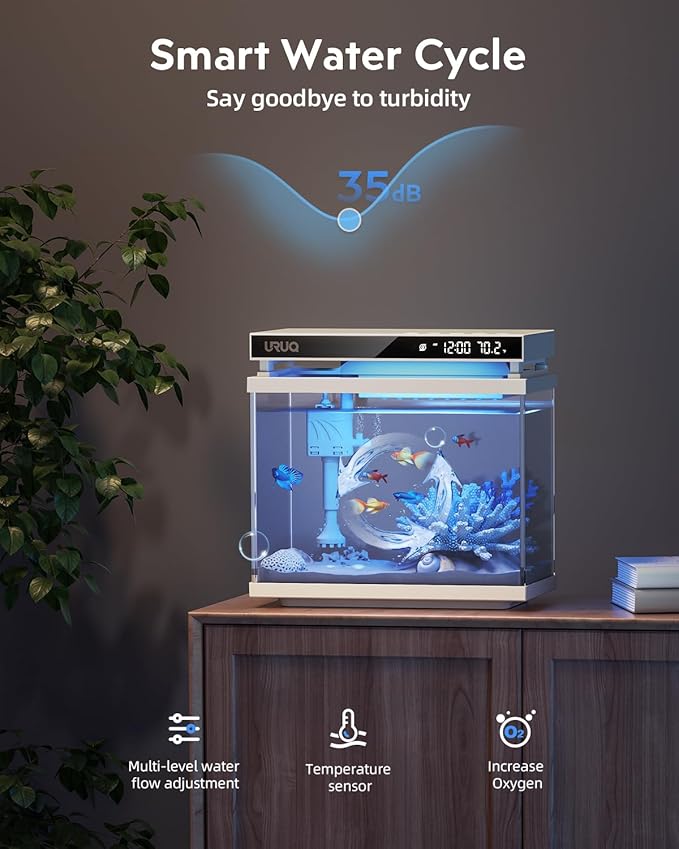 Fish Tank Smart Aquarium Kit: 2 Gallon UHD Glass Silent Water Pump Self Cleaning Multi-layer Filtration System - Temperature Sensing 7-color Lighting for Small Fish Betta Kids Room Desktop Decor White