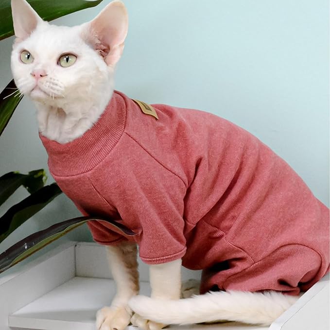 Sphynx Cat Sweater –Hairless Cats Shirt Pullover Kitten T-Shirts with Belly-Wrap Protection, Soft-Stretch Winter Clothes for Hairless Cats, Indoor Kitten Apparel (Red, S)