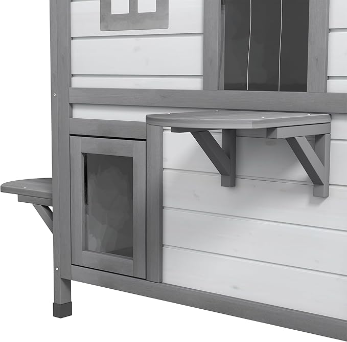 PawHut 2-Story Cat House Outdoor, Weatherproof Wooden Cat Enclosure for Feral Cats with Escape Door, Openable Roof, Jumping Platforms, White