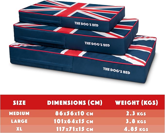 The Dog’s Bed Orthopedic Memory Foam Dog Bed, Medium Blue & Red Trim UK Center Flag 34x22, Pain Relief for Arthritis, Hip & Elbow Dysplasia, Post Surgery, Supportive, Calming, Waterproof Washable