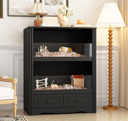 Guinea Pig Cages, Small Animal Hamster Critter Nation Cage and Habitats, Small Animal Observation Box, Guinea Pig Cabinet with 2 Layers, 2 Large Drawers, Black
