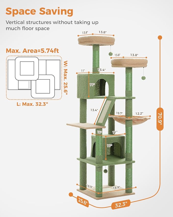 Cactus Cat Tree, 70.9" Tall Cat Tree for Indoor Cats, Large Cat Tree for Large Cats, Multi-Level Tall Cat Tower with 6 Scratching Posts, 2 Cat Condos, 2 Perches, Large Hammock, Pompoms, Green