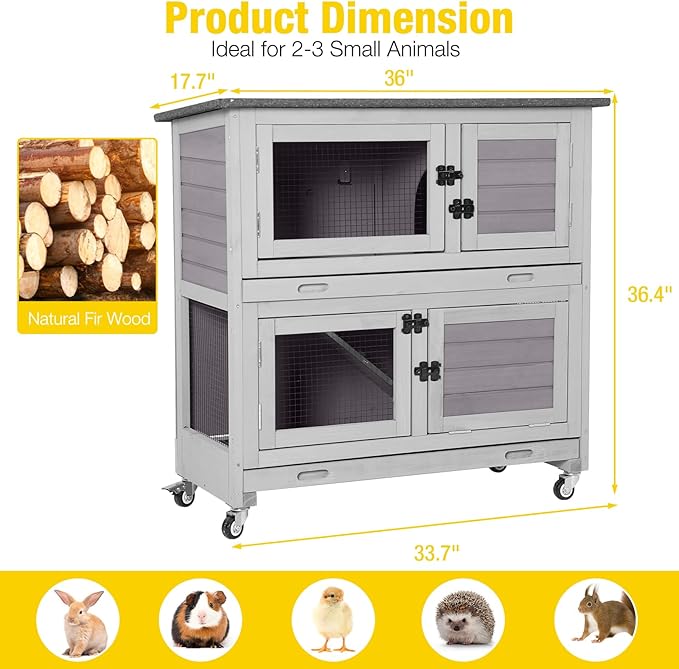 Aivituvin Rabbit Hutch Indoor Bunny Cage Outdoor 2 Story Pet House Guinea Pig Cage on Wheels 36"