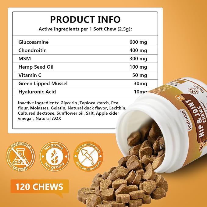 Hip and Joint Supplement for Dogs with Glucosamine, Chondroitin & MSM - Duck Flavor Joint Care Chews, 120 Count - Advanced Mobility Support - Senior Dog Approved (Duck)