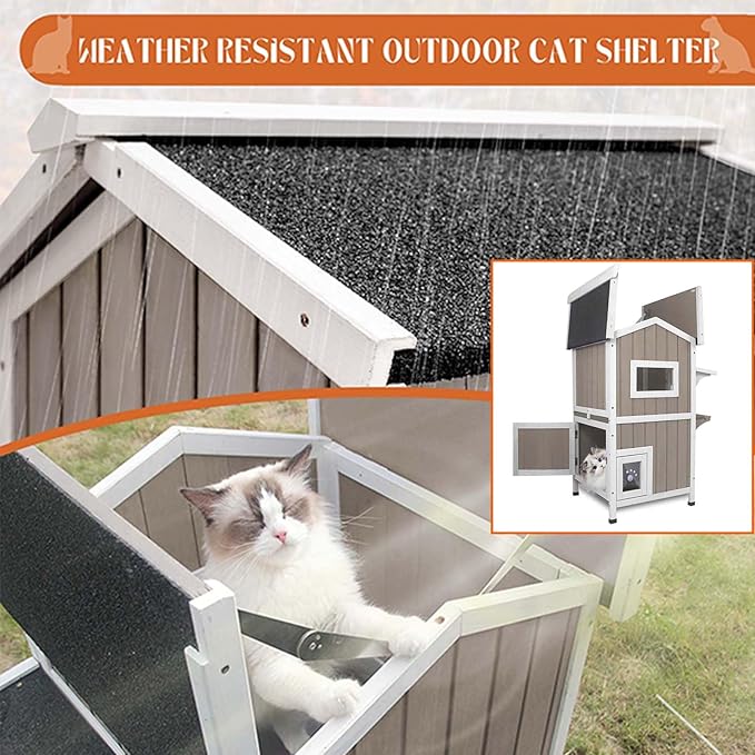 Outdoor Cat House Weatherproof Cats Shelter for Feral Kitten Pet Houses for 1-2 Small Animlas 2 Story Wooden Houses for Indoor Outdoor Cats with Escape Doors (23.5" L x 27" W x 38" H Grey)