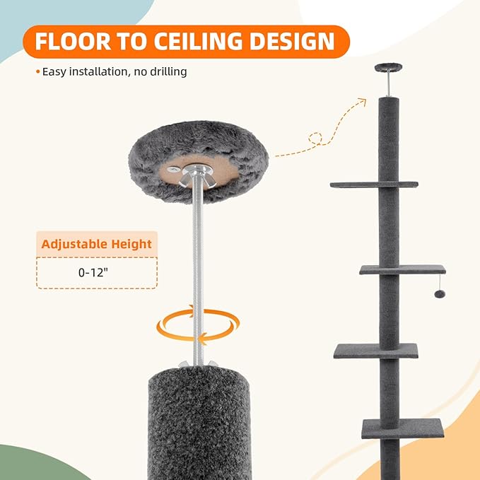 Cat Tree Floor to Ceiling Cat Tower 5-Tier Carpet Kitten Tree Cat Climbing Tower with Adjustable Height 98"-108", Tall Cat Trees with Platforms and Dangling Balls for Indoor Cats, Medium Grey