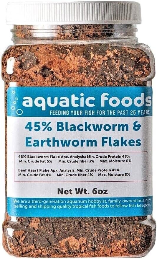 Aquatic Foods Inc. 45% Blackworm Flake & Earthworm Flake Mix for Discus, Cichlids, All Tropical Fish. Aquatic Foods Premium Flakes…6oz Med Jar