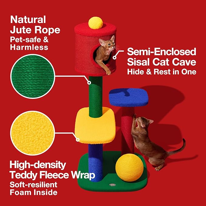 VETRESKA 48.4" Cat Tower, Multi-Level Cat Tree with Semi-Enclosed Sisal Cave, Sisal Scratching Posts and Cat Rest Platform, Indoor Cats Furniture Activity Center for Large Cats Kittens