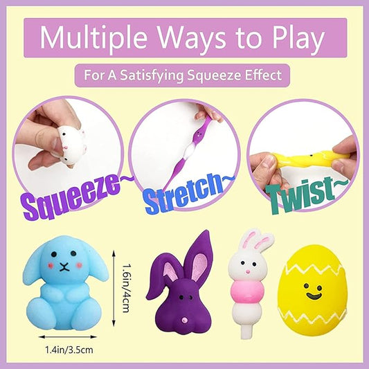 24Pcs Easter Mochi Squishy Toys Stress Relief Squishies for Kids Boys Girls Toddlers Easter Basket Stuffers Egg Fillers Gifts Party Favors
