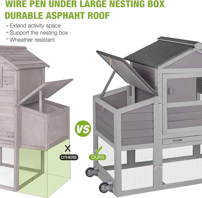 GUTINNEEN Chicken Coop Mobile Chicken House with Wheels Expandable Wooden Hen House 80.7" Outdoor Rabbit Hutch Movable with Large Nesting Box for 2-4 Chickens (Grey)