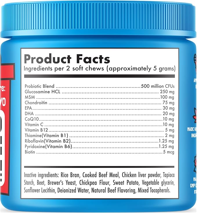 Dog Vitamins - 120 Multivitamins Chews w/Glucosamine Chondroitin, Probiotics Digestive Enzymes and Omegas - Supplement for Overall Health - Joint Support, Immune Health, Skin and Heart Health