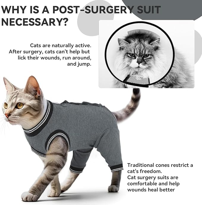 T'CHAQUE Cat Surgery Recovery Suit for Female Male, Cat Onesie Pet Surgical Pajamas Hind Legs Long Sleeve, Abdominal Wound Skin Diseases, E-Collar Alternative, Spay/Neuter Recovery Suit, Gray-XL