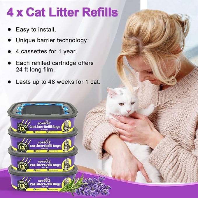 Cat Litter Refill Bags| 4-Pack Cartridges Compatible with Genie Cat Litter Refills Standard,Plus and Style Pail | Superior Odor Control (NOT Compatible with XL)