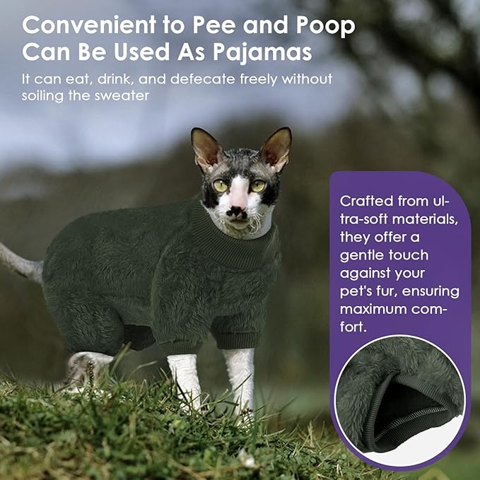 SUNFURA Sphynx Hairless Cat Sweater, Full Body Warm Fleece Sweaters with Sleeves for Cats, Soft Turtleneck Cat Clothes, Cozy Pullover Pajamas for Hairless Cats Devon, Donskoy, Army Green M