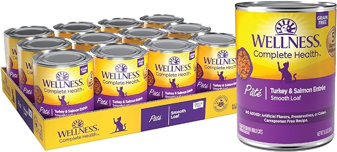 Wellness Complete Health Pate Adult Wet Cat Food, Natural, Protein-Rich, Grain Free, 12.5 Ounce, 12 Pack, (Turkey & Salmon)
