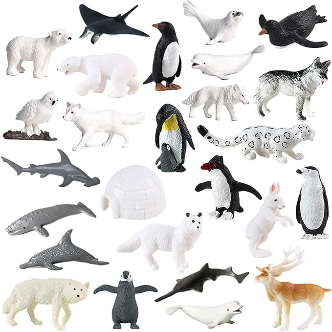 Small Polar Animals Figurines, 26pcs Realistic Penguin Polar Bear Seal Winter Animals for Early Educational Birthday Cupcake Topper Gift for Kids