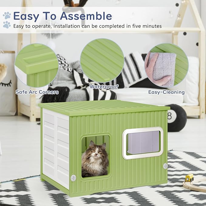 Plastic Cat House for Outdoor Indoor Use, Stackable Feral Cat Shelter Indoor Cat House Weatherproof Waterproof Elevated, with 2-Sided Cushion (Green White)